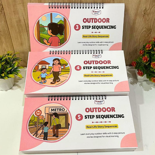 Outdoor - Set of 3 Sequencing Story Books (Laminated) with Cards - 3 Steps, 4 Steps, 5 Steps Books