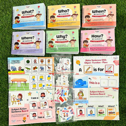 Combo Pack of 6 WH Questions Books + 6 Sentence Building Boards for Speech and Language Skills